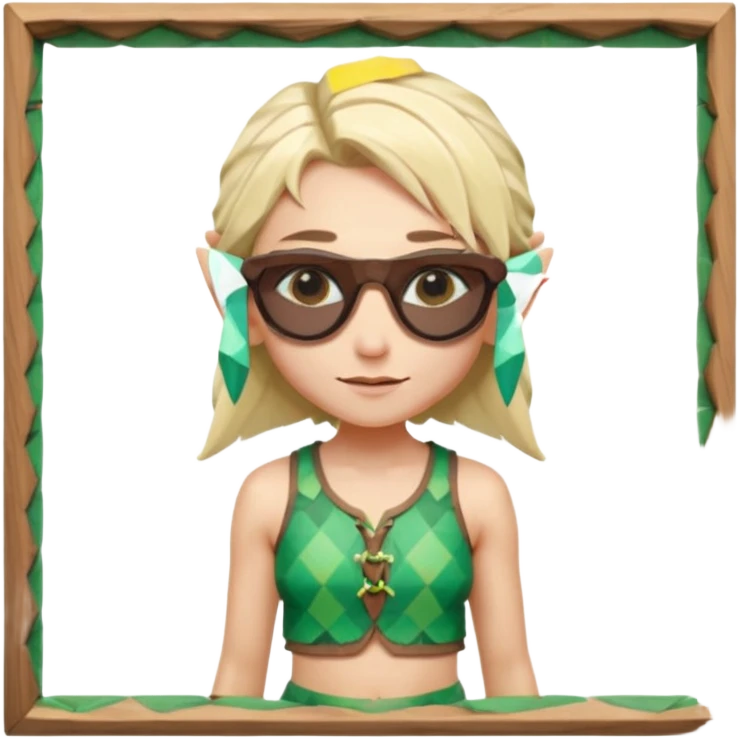 elf female legolas portrait, patterned board shorts (geometric/abstract), unique wooden-framed sunglasses, undercut hairstyle, slight smirk, visible pointy ears, no background, centered emoji, hipster summer vibe coctails emoji