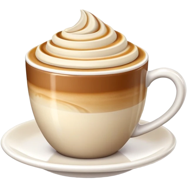 Create a high-resolution 3D emoji of a coffee latte in a cup, with smooth, creamy foam on top and a delicate swirl design. The latte should have a warm, inviting color palette with shades of brown, cream, and white. The emoji should be realistic and detailed, with a glossy, polished appearance and slight reflections on the surface of the coffee. emoji