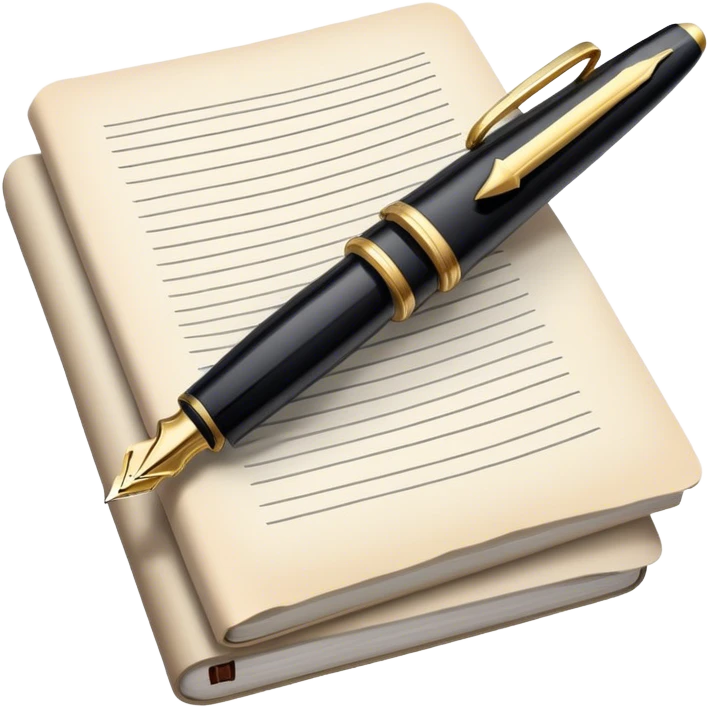 Create an emoji representing journalism and publicistic writing. The design should feature an open newspaper or a stack of articles with visible text columns, symbolizing opinion pieces and analysis. A classic fountain pen or ballpoint pen should be placed near the papers, indicating the act of writing. Optionally, include a small microphone or a press badge to emphasize investigative and journalistic aspects. Use neutral and professional colors like black, white, and muted blue or red. Do not include any emojis or smiley faces. Make the background transparent. emoji