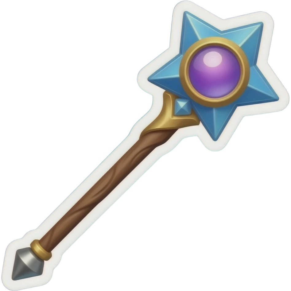 3D magic staff emoji, long wooden handle with metallic tip, blue crystal star-shaped head, glowing purple orb in center, fantasy design, polished materials, soft glow, clean shading, sticker with thick white outline, centered, blue gradient background, vibrant, high quality emoji