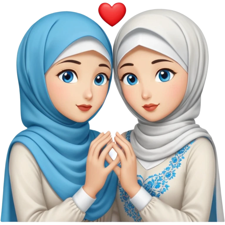 Two Turkish beautiful finish Konya friendly girls blue eyes with hijab and heart dress and Scattering kisses outside  emoji