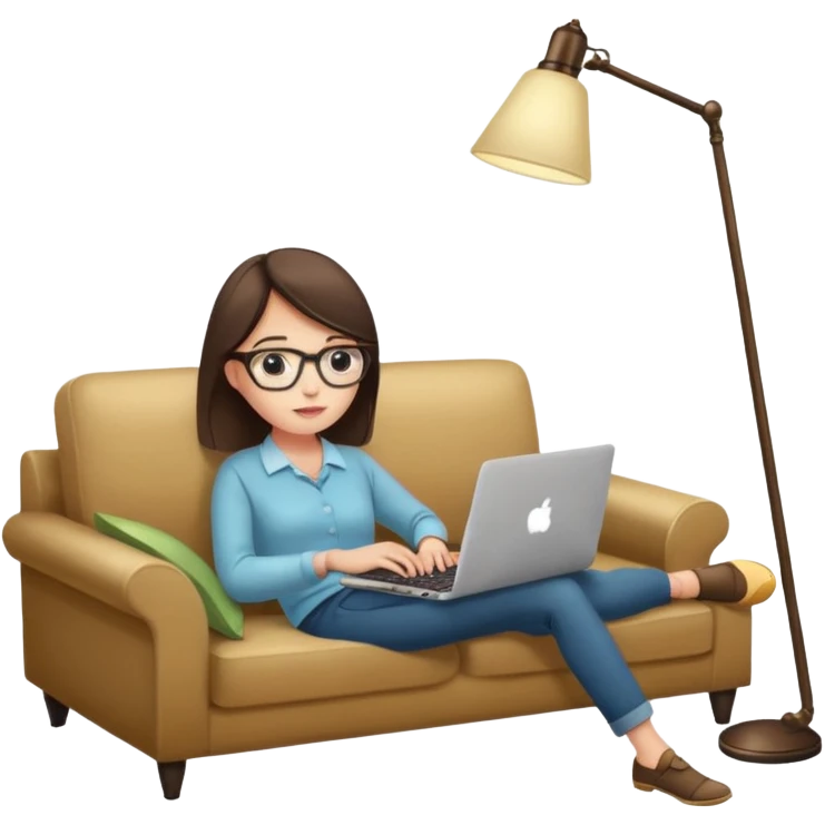 A girl is working with a laptop while lying on a sofa, with a floor lamp to the right. emoji