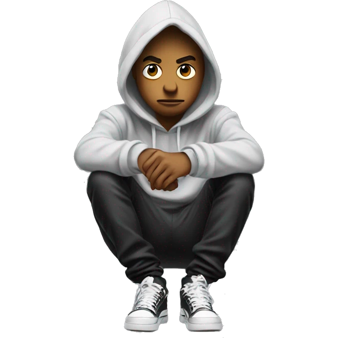 a young hustler in hoodie with evil pound sign eyes sitting head down emoji