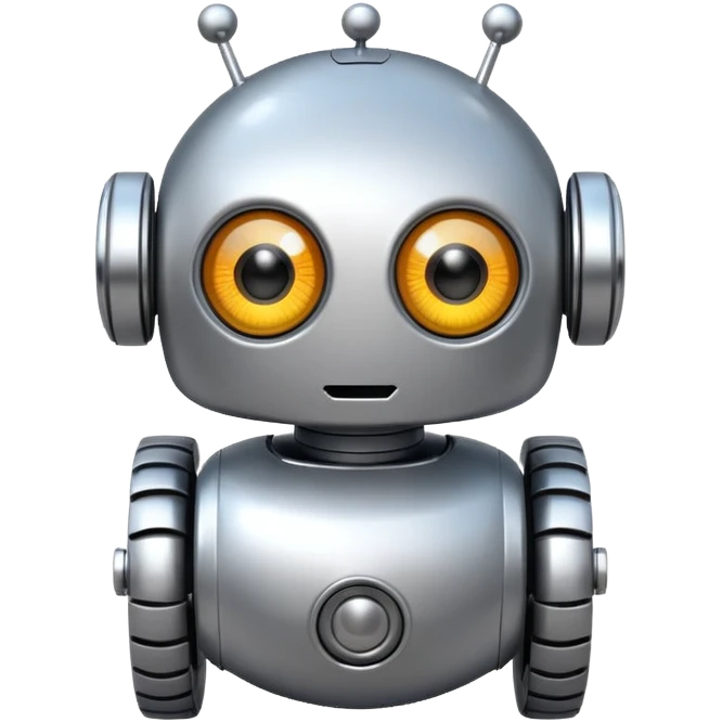 Round robot, big eyes, rolling wheels. emoji