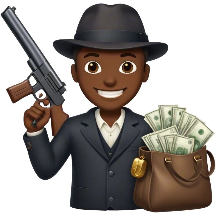 Gangster guy with a big gun with a wide grin on his face and money bags emoji