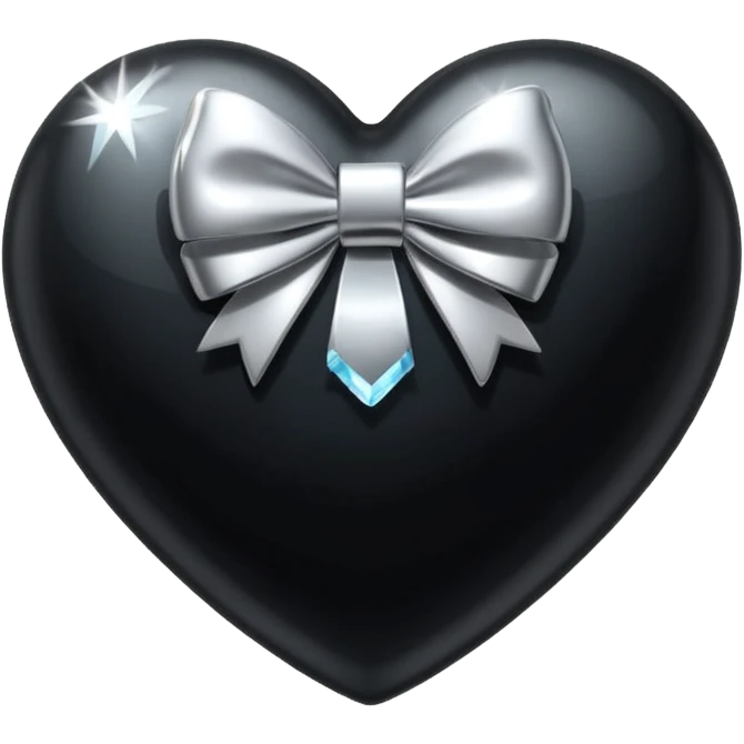 crystal black heart with a silver bow and heart pattern on the bow emoji