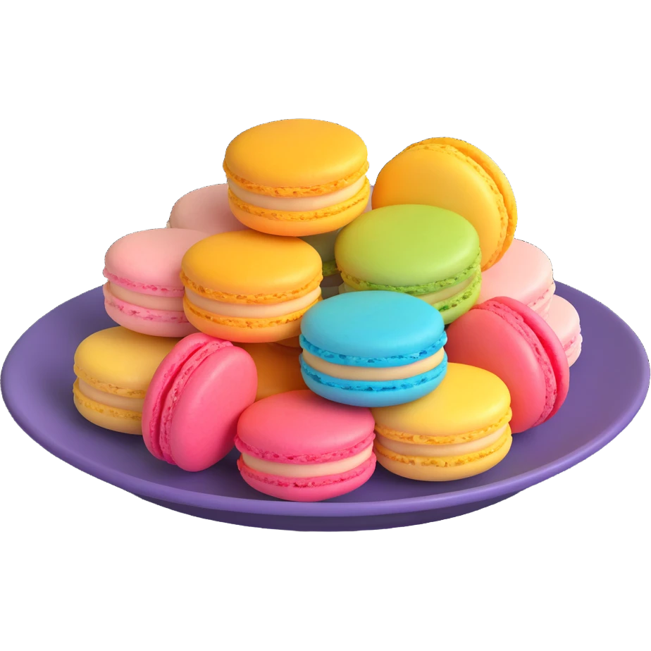 Create a 3D model of colorful macarons arranged on a plate, in the iOS 18 style with smooth, realistic textures and vibrant pastel colors, matching the reference image. emoji