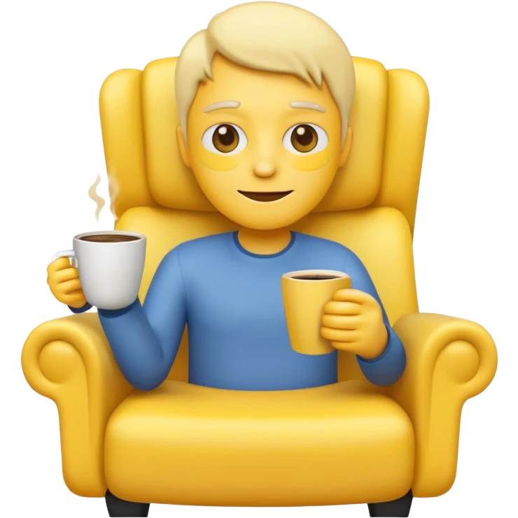 classic emoji style, yellow face relaxing in a chair with a coffee cup, conveying a short break, no text emoji