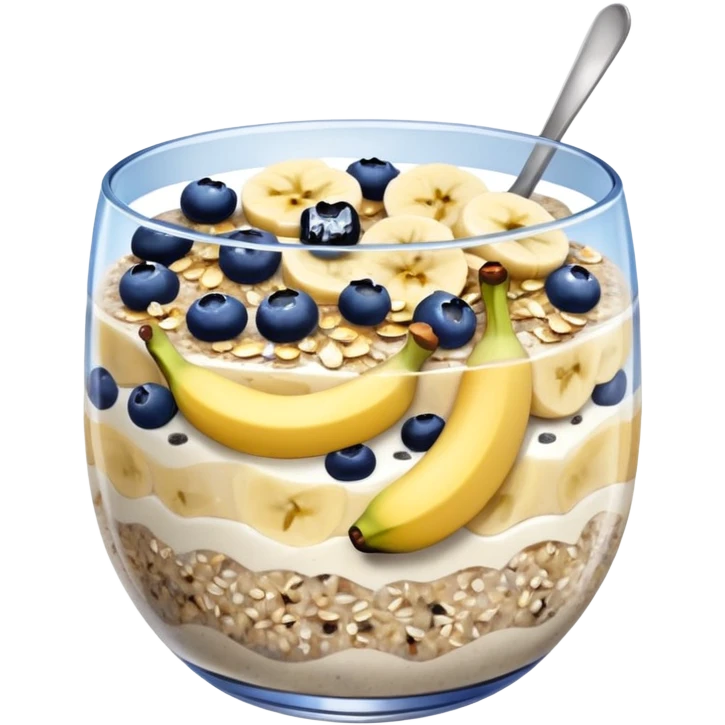 Overnight oats with banana,blueberries, honey, sky, chiaseeds emoji