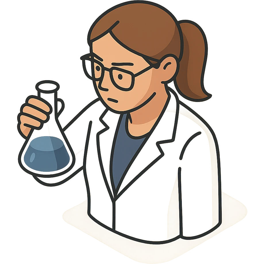 A female chemist, wearing glasses, white lab coat over indigo shirt, focusing on lab experiment, holding a flask in her right hand, waist-up emoji