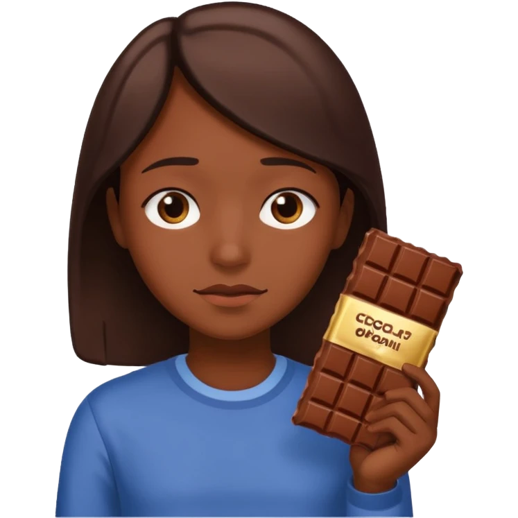 Apple style emoji of a person with chocolate, sad look, chocolate bar visible in hand, friendly design emoji