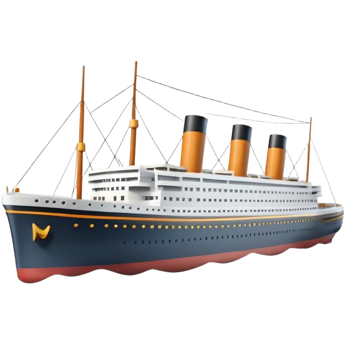 A 3D emoji of a Titanic ship in Apple style, glossy and smooth surface, bright clean colors with subtle shading, simple and minimal details, no face or expressions, floating on calm ocean, soft shadows, high-quality render, isolated on white background.


 emoji
