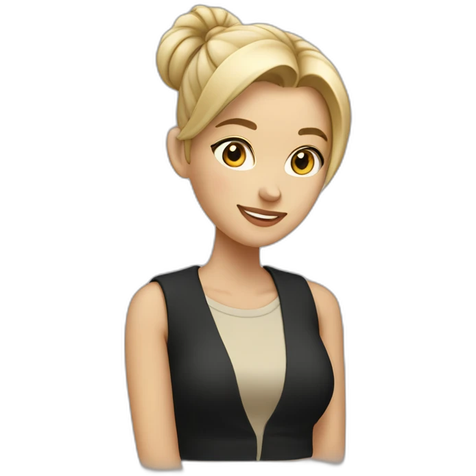 female designer with pen behind ear, blonde bun, beige vest, black top emoji