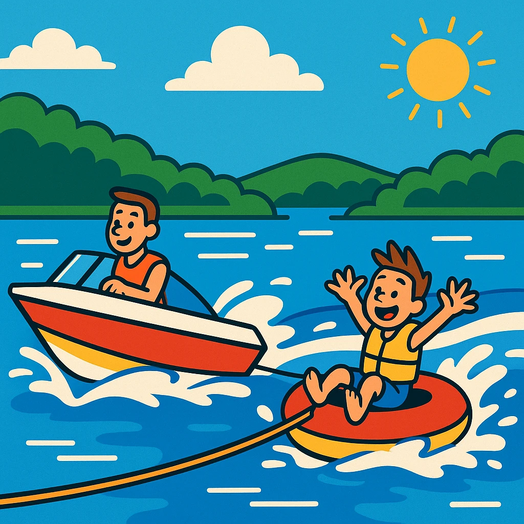 a boat pulling an inner tube on a lake, vibrant colors, clear action, fun summer scene emoji