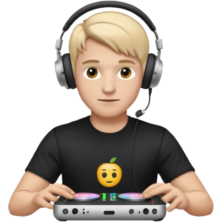 эмодзи парень диджей молодой с диджейский пультом красивый парень со светлыми волосами и в наушниках apple airpods max одет в черную футболку карие глаза  emoji