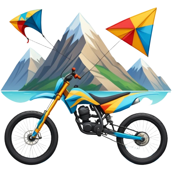 An emblem-style design representing extreme sports and lifestyle, featuring symbols of adventure such as a mountain, a sea, a kite, and a bike. The design is bold and dynamic, with sharp lines and energetic colors, capturing the essence of thrill, freedom, and adrenaline. emoji