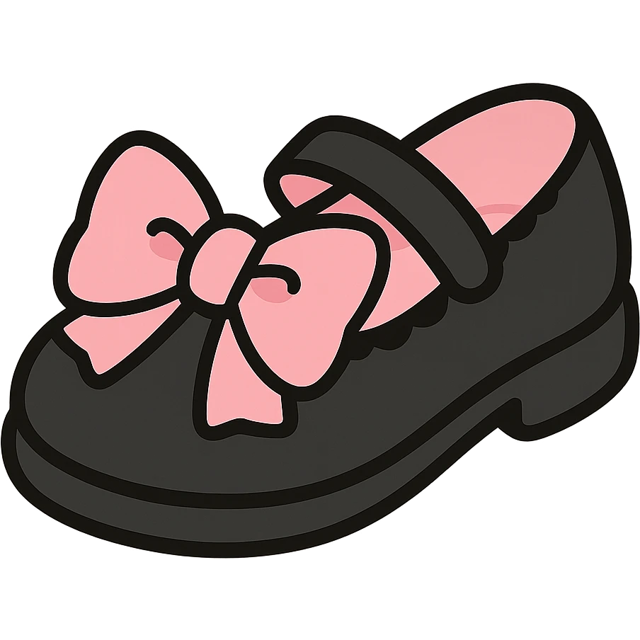 Refine the kawaii BLACKPINK-inspired gothic shoes by adding a large cute bow as the main motif, keeping the scalloped edge detail. Emphasize the black and pink color contrast, playful and stylish, no hearts, transparent background. emoji