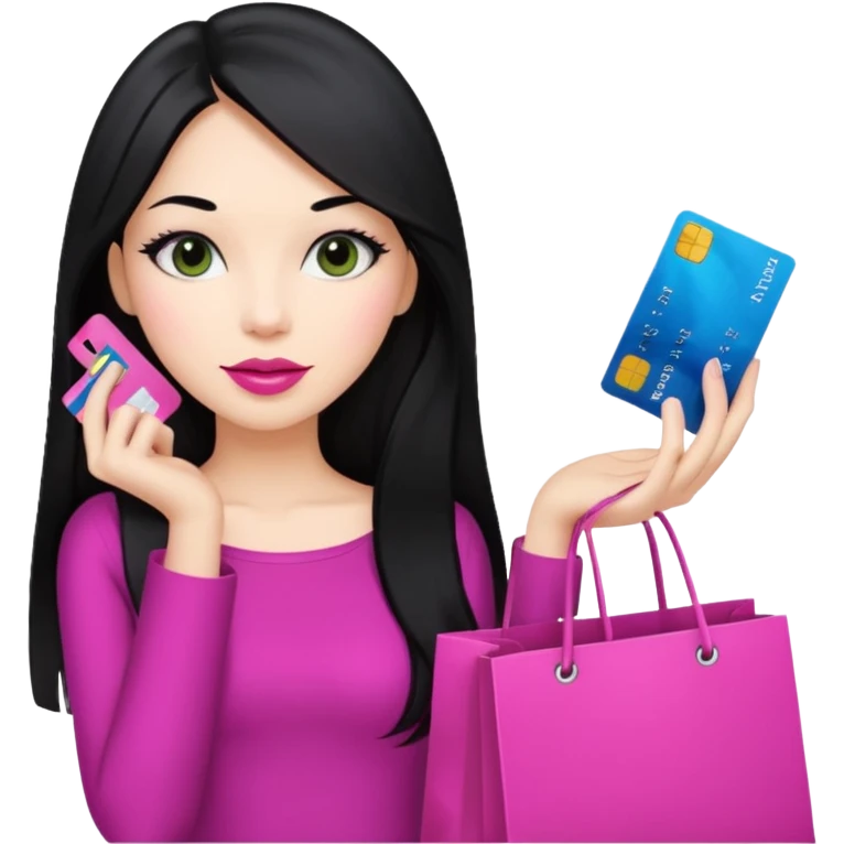 Girl with long black hair and pink lipstick holding shopping bags and credit card emoji