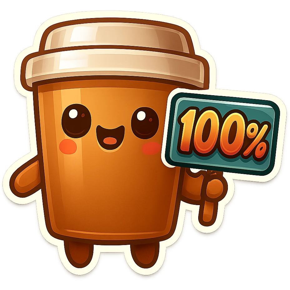 Tall coffee cup, holding sign "100%" emoji