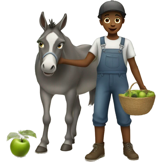 A young boy working in an orchard with a donkey  emoji