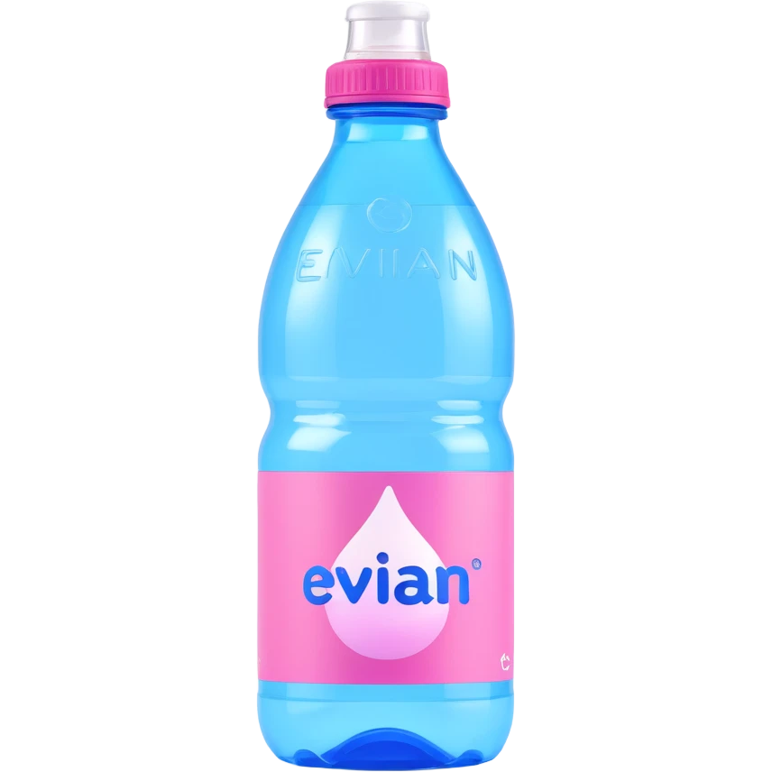 Evian water bottle, 3D style, glossy plastic, blue and pink label, condensation, white background emoji