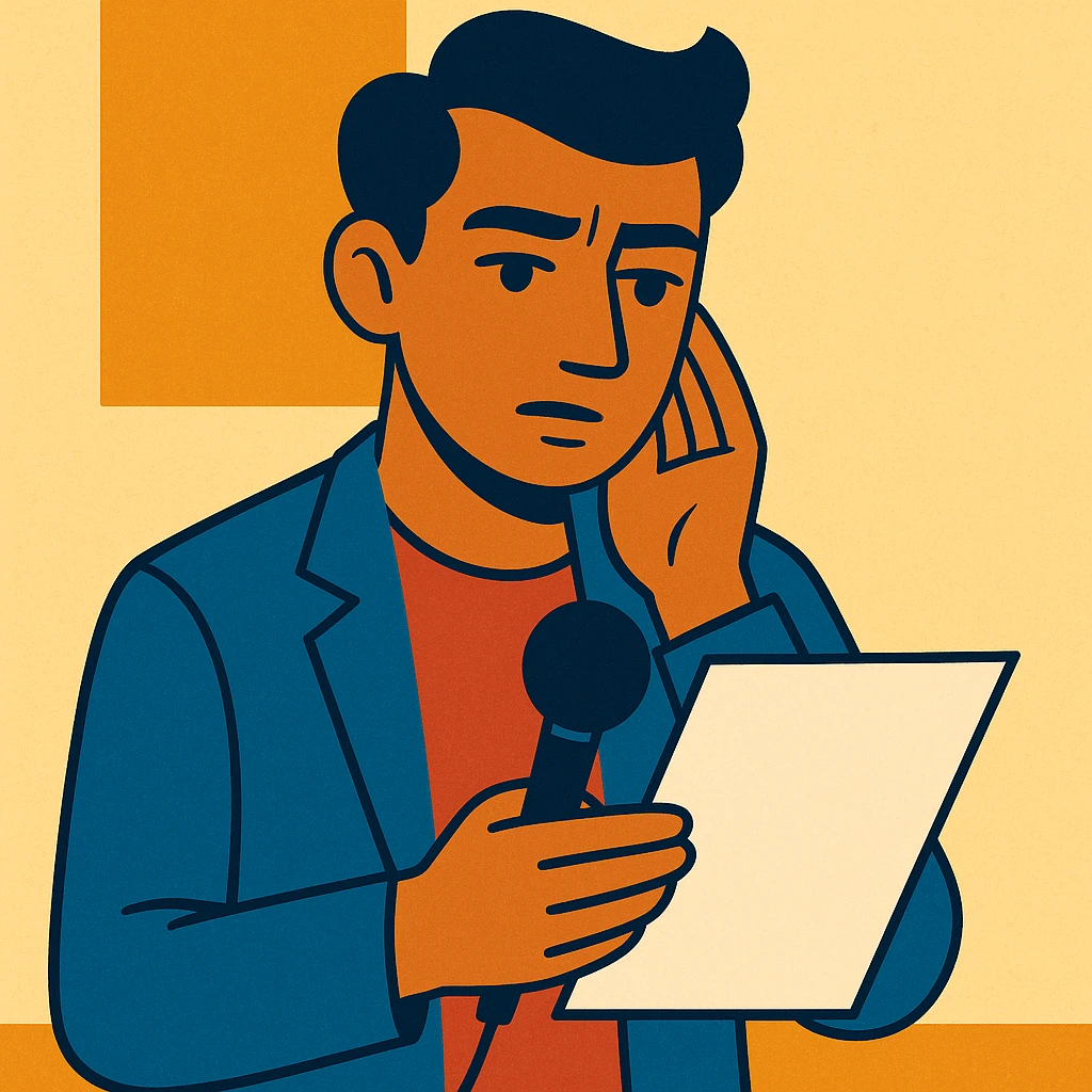 a character inspired by 'This I Believe,' thoughtful expression, holding a paper or microphone, simple background emoji