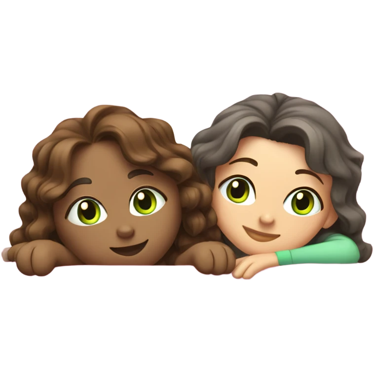 Grey cat with a brunette girl with wavy hair and green eyes in light pink shirt relaxing on a bed emoji