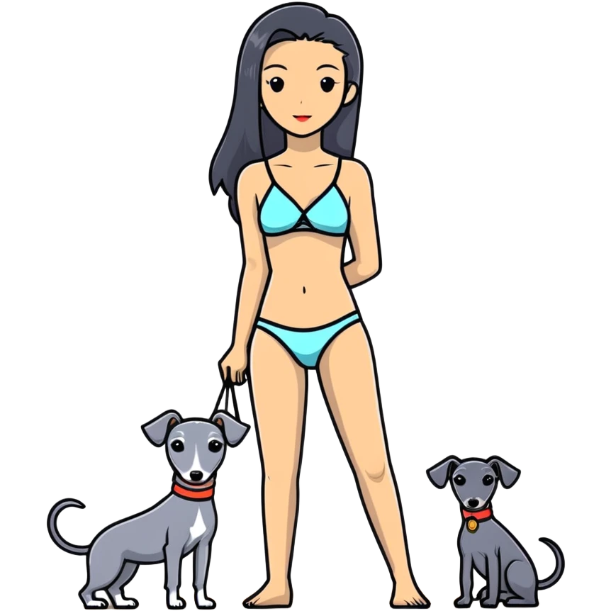 Slim Chinese woman with long black hair in appropriate beach attire at the beach with her completely solid grey Italian greyhound, the dog has absolutely no white markings anywhere, not on face or paws, solid grey color throughout entire body emoji