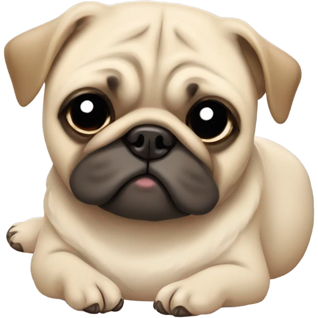 Cute beige pug snoozing on the side, whole body, tail wagginf emoji