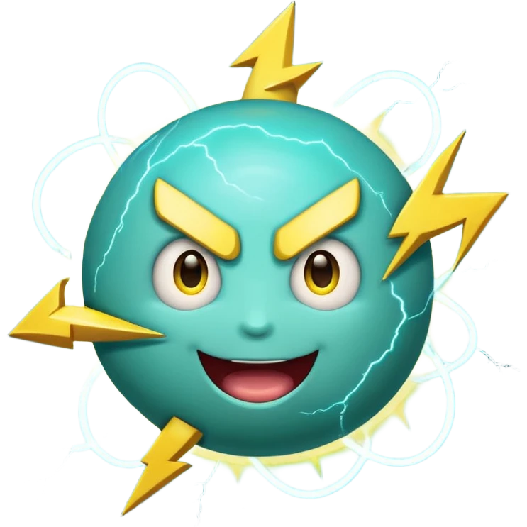 Uranus planet emoji in Apple-style, blue-green color with visible rings, a big playful and excited face, and a large yellow lightning bolt in front of the planet. The emoji is bursting with electric, chaotic, and unexpected energy, with highly expressive and fun features emoji