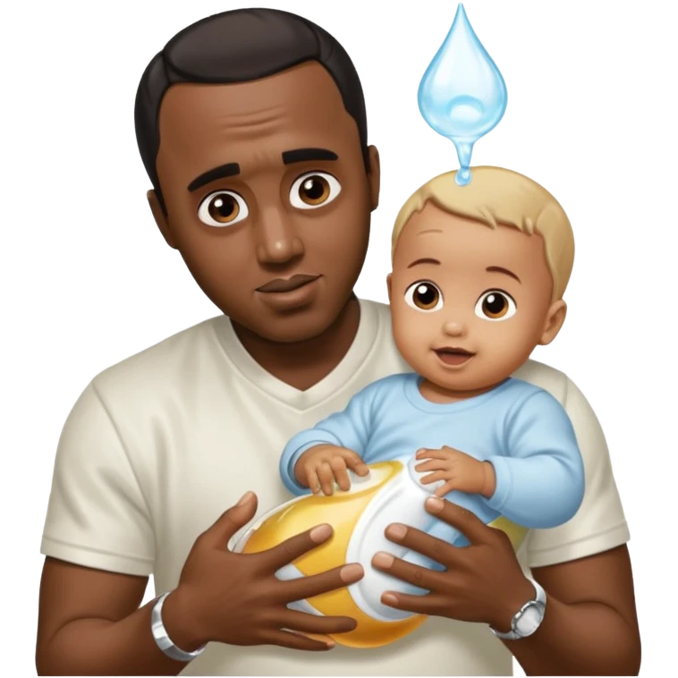 Sean “Diddy” Combs with baby oil and a very small infant and he’s pouring the baby oil on the baby and they have a scared face they’re really scared while diddy is happy emoji