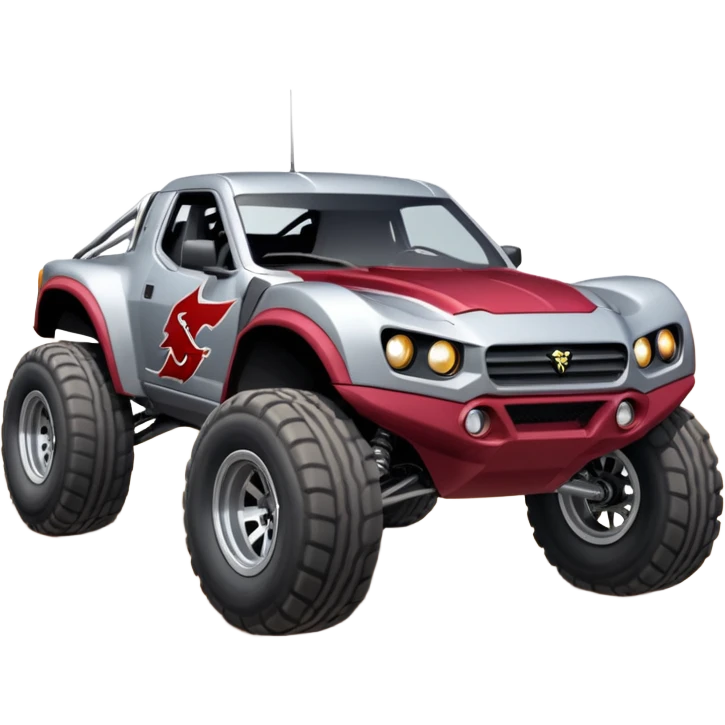 Satan’s (post race) Cabernet wide-body Dirty and dented Local Motors Rally Fighter off road race car hot rod trophy truck-style flying on a dusty road (silver wheels) emoji