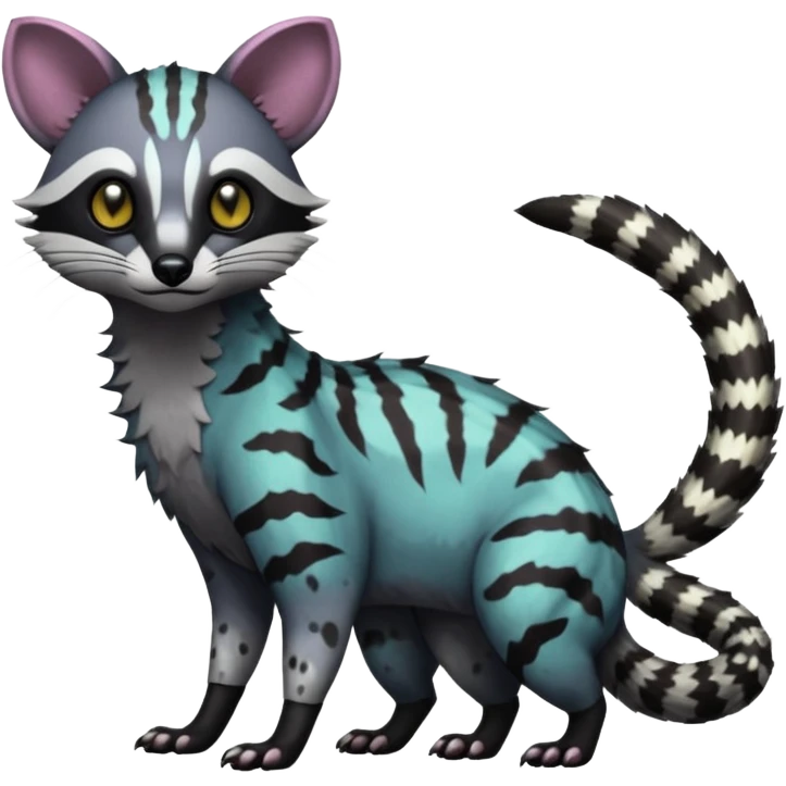 Rare warm-colored exotic edgy epic aesthetic gloomy spooky dark modern colorful cyber-Genet-Trico-Civet-species-Fakemon-hybrid-creature, with beautiful intricate markings, full body emoji