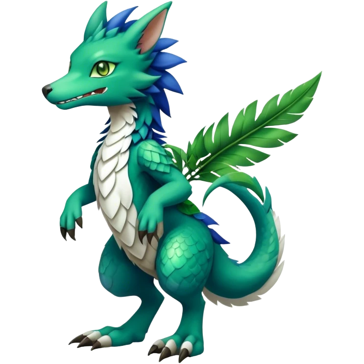Cute cool fantasy animal hybrid Sergal-Digimon-Fakemon full body, green scales, green leaves, brown eyes, blue feathers emoji