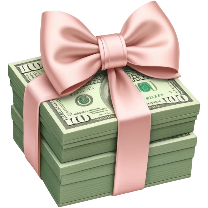Neat money stack tied with a blush satin bow, muted green $100 bills, soft luxury rich  emoji