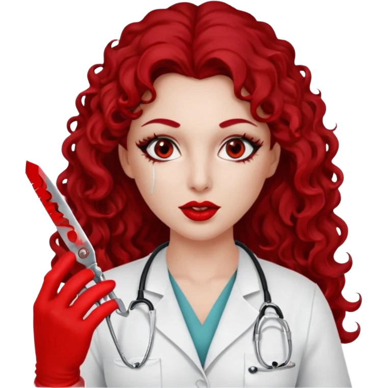 Lilith scalpel in hand, evil surgeon sexy surgeon clothes.  She has red eyes. She has dark brown long curly hair. Wears sexy doctor outfit with red gloves. Covers mouth neck and nose with red litham only covering under her nose to hide her identity emoji