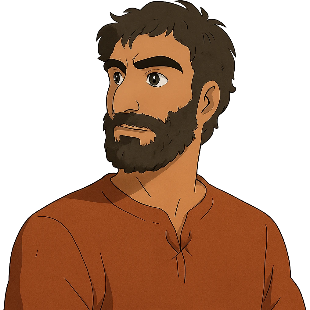 A Tajik man with medium to tall height, well-defined features, slightly curved nose, dark-brown eyes, thick eyebrows meeting above the nose, slightly wavy hair, rich brown skin, and a fuller beard emoji