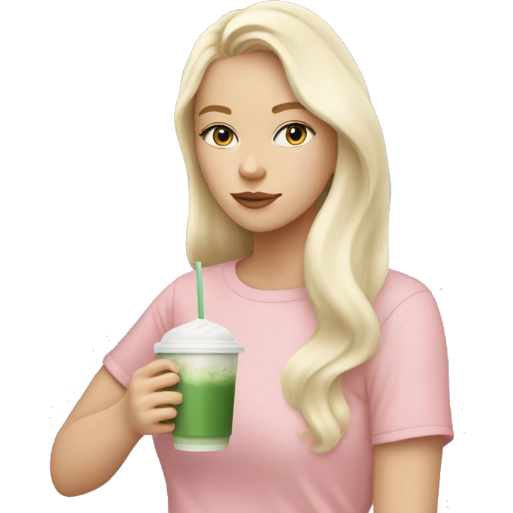 White Blonde girl with a pastel pink top drinking iced matcha latte ( not from Starbucks) emoji