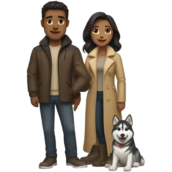 A couple man and woman Both have dark hair, with in the middle of them. A Husky. Golden beige emoji