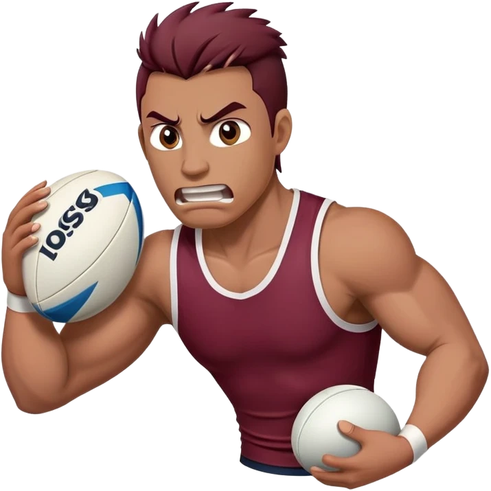 Angry mustang holding  white rugby ball wearing maroon singlet emoji