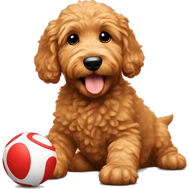 Mini golden doodle red playing with toy emoji