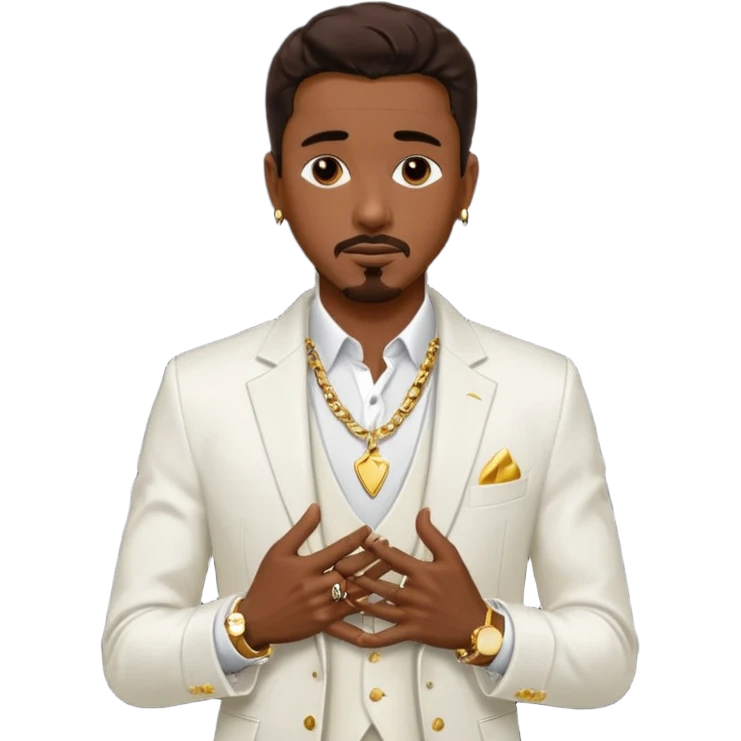 Ralph Tresvant with dark brown hair, white suit jacket, shirtless with necklace emoji