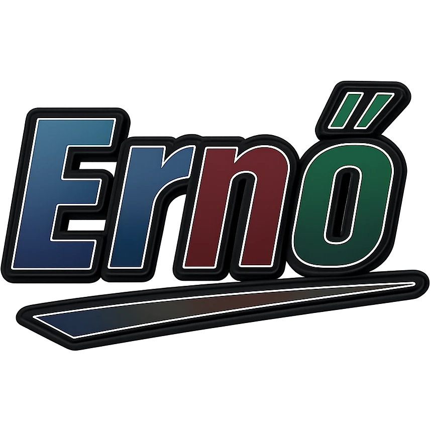 Ernő name in masculine, modern, gradient font with dark contour, thin and clearly visible white border around letters, dynamic slanted underline, masculine color shades (blue, gray, burgundy, green, brown), 1000x1000 px, PNG, transparent background, in the style of the uploaded Attila sample. emoji