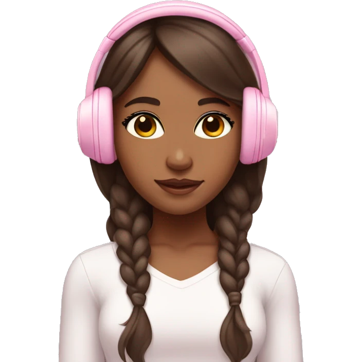 Brown skin girl wearing baby pink headphone with long brown hair and Latina makeup emoji