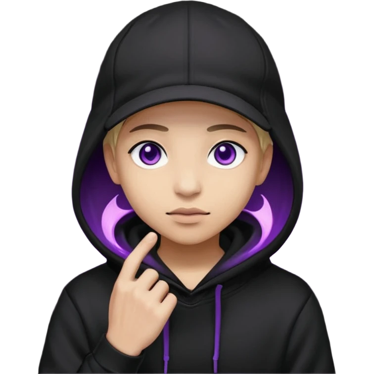 Carton character related to a shadow, with all black clothes, focusing a hoodie with his cap on, no visible face because of the darkness, just his purple shadow eyes making a light bloom emoji