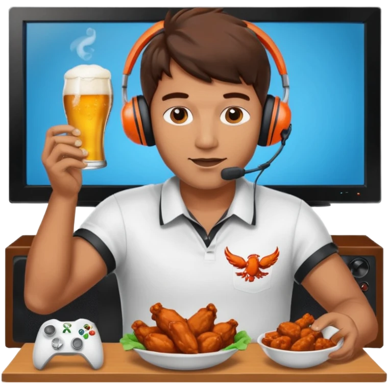 Football and tv and buffalo wings and beer and Xbox and a man with headset emoji