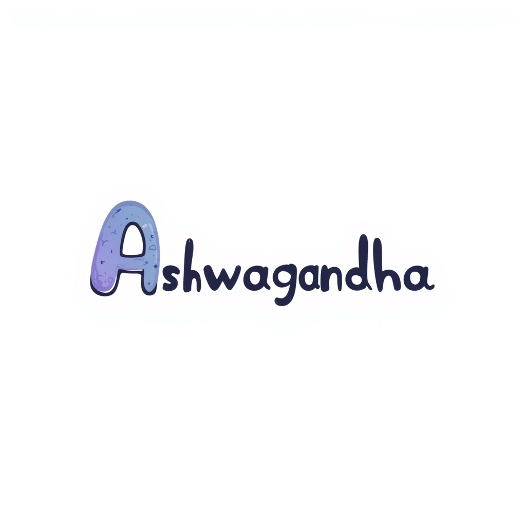 The word "Ashwagandha" hand-drawn in a cool blue and purple color palette. Simple doodle style with minimal decoration. emoji