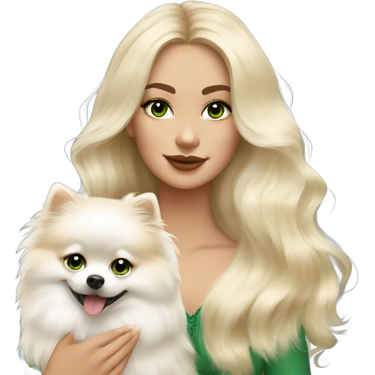 Blonde balayage long hair past shoulders woman with beautiful green eyes holding a white fluffy Pomeranian  emoji