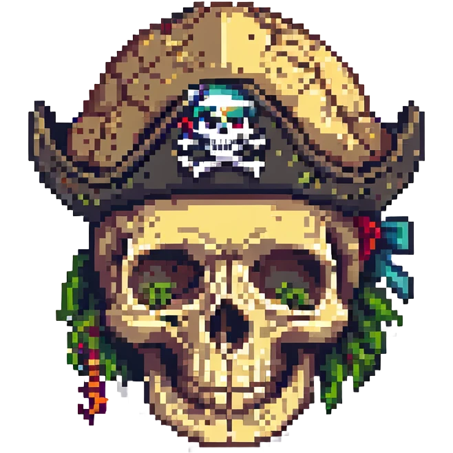 skull with mind blown effect, wearing a pirate hat, pixel art style emoji