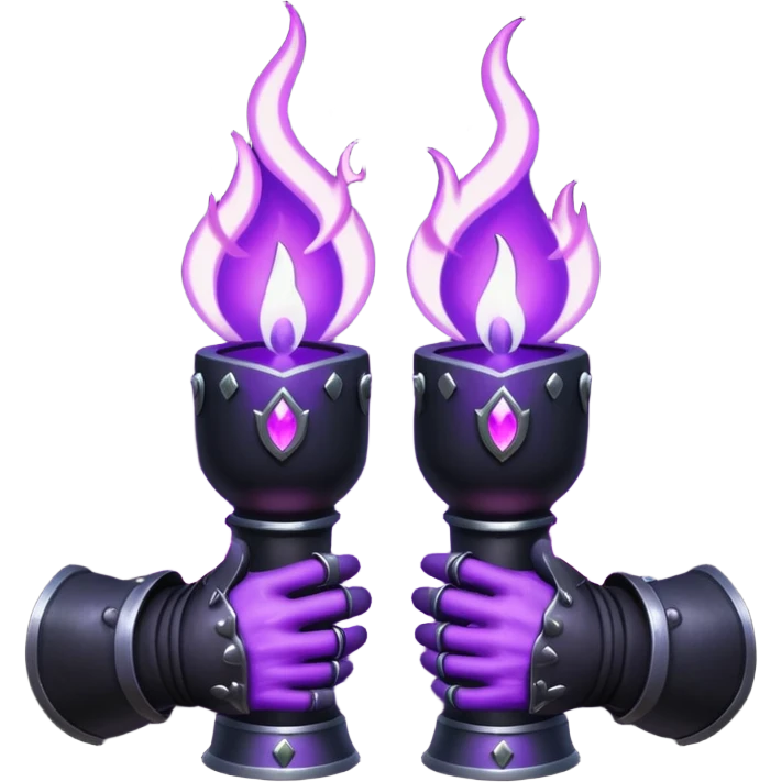 A Discord emoji of a pair of black armored gauntlets holding a flickering violet flame. The hands are positioned as if offering a gift. Dark gothic fantasy, glowing magical effects, high contrast, 2D vector style, white background. emoji